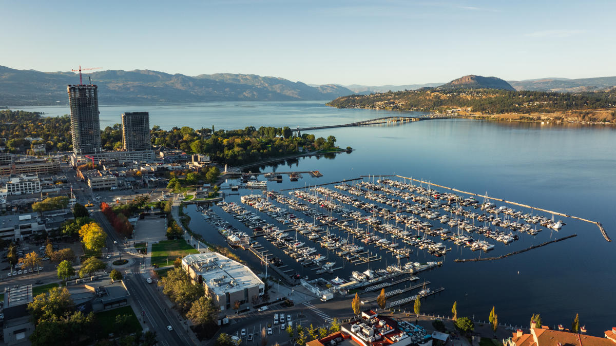 Aerial view of Kelowna marina and Okanagan Lake
